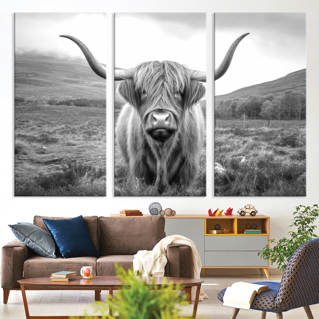 Black White Scottish Highland Cow Canvas Farm Wall Art Canvas Print