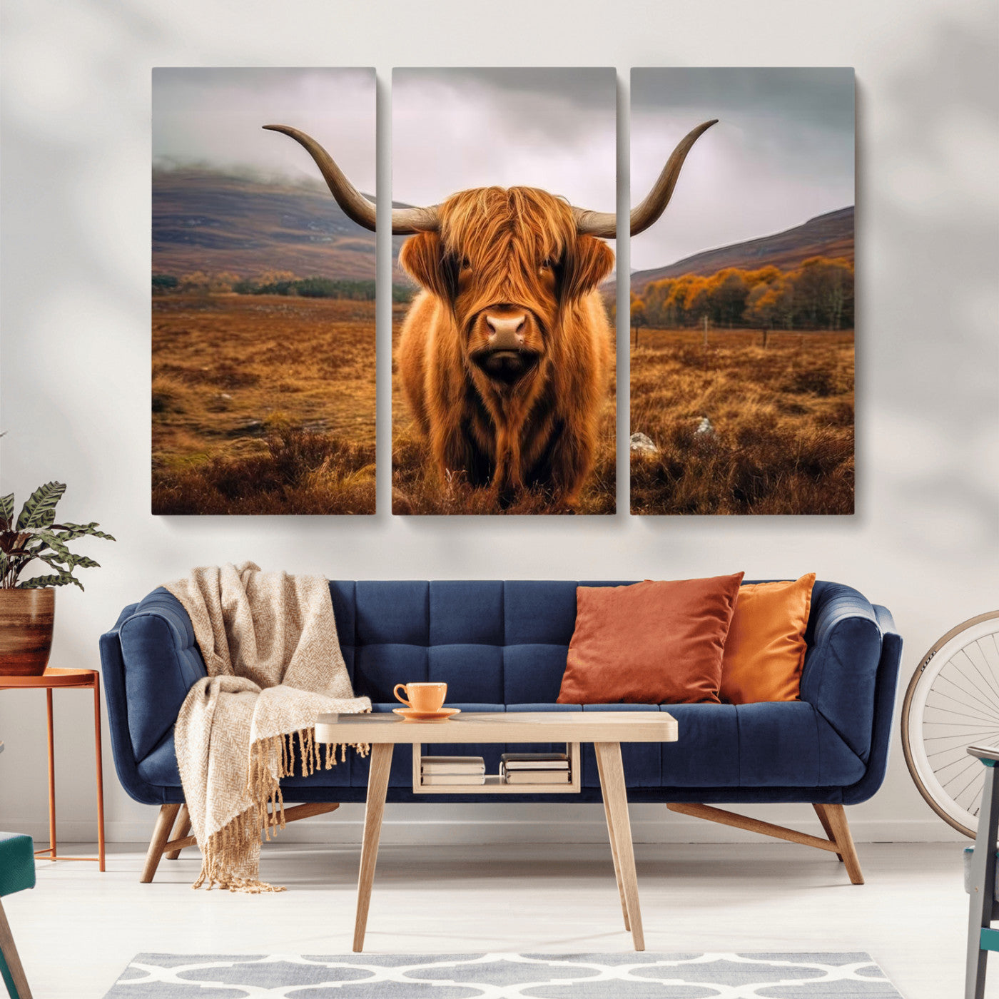 -Highland Cow Longhorn Wall Art – Rustic Canvas Print, Framed and Ready to Hang for Farmhouse Décor