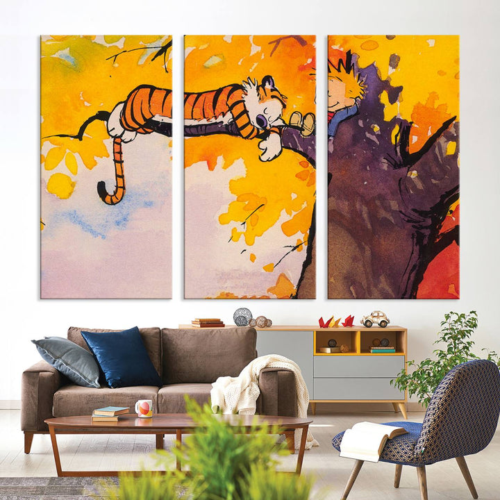 Premium canvas Calvin Wall Arts featuring a boy and tiger relaxing on a branch.