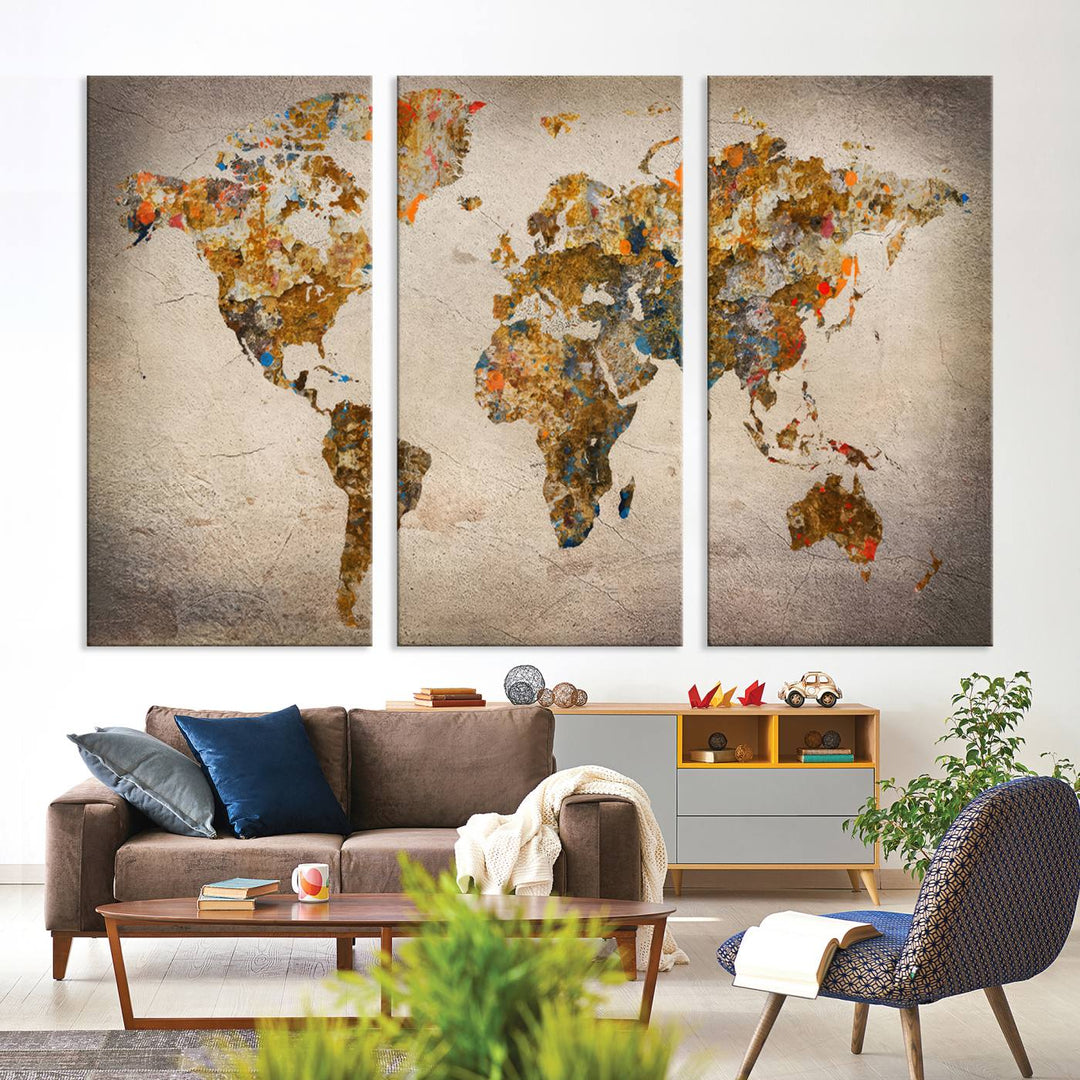 The Vintage World Map Canvas in rustic grunge texture hangs prominently on the wall.