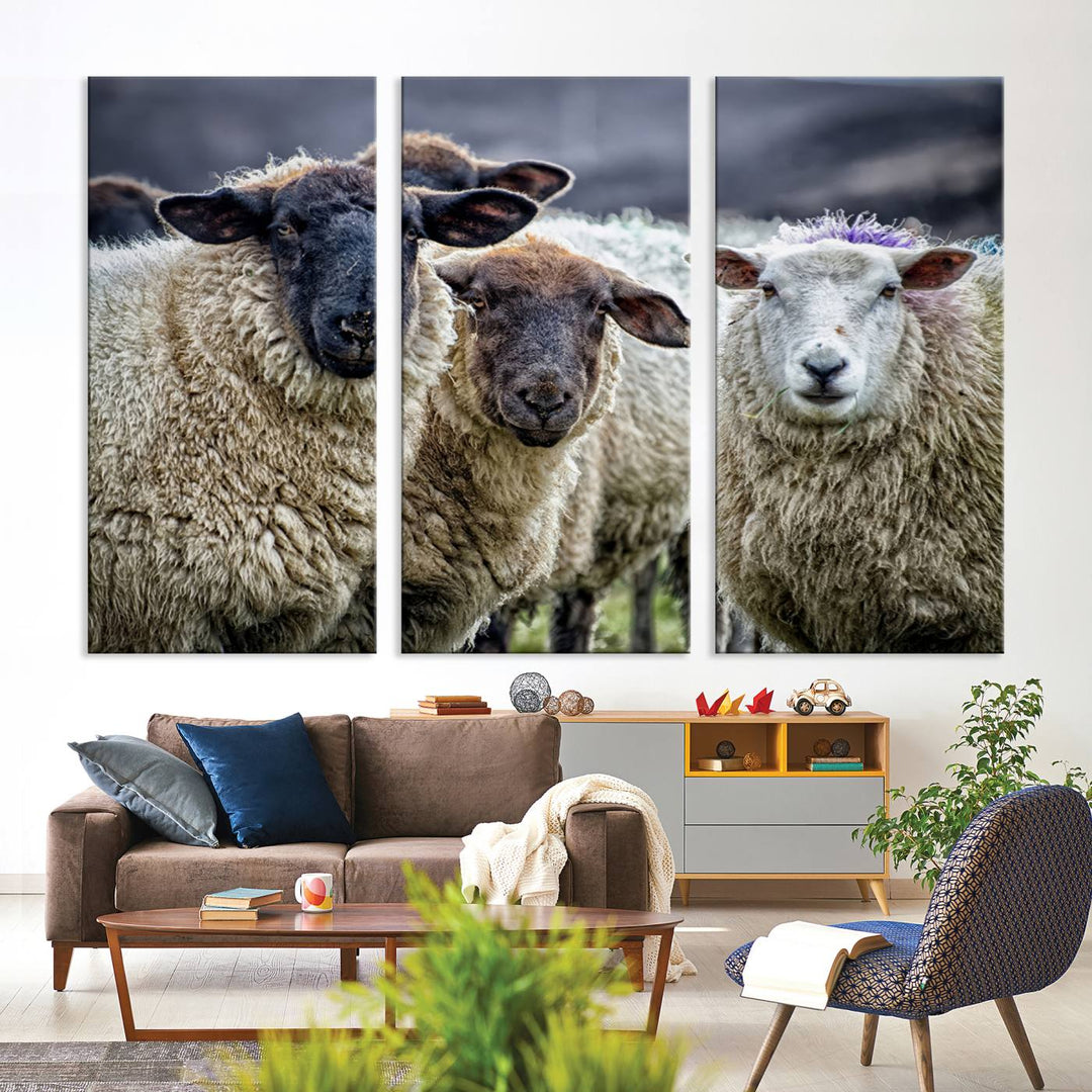 The Charming Sheep Portrait Wall Art hangs on a wooden wall.