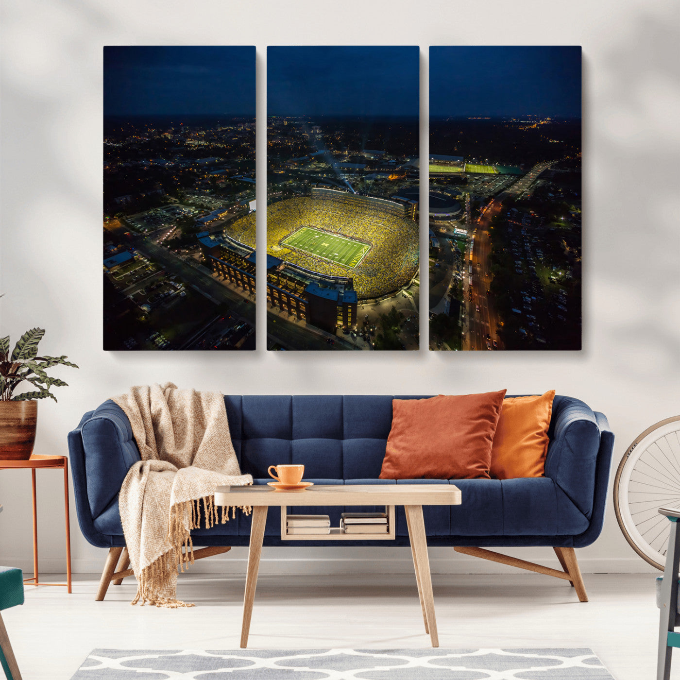 MGV-CV-48X32-3P - Michigan Stadium Night Game Wall Art – Sports Arena Aerial View Canvas Print, Framed, Ready to Hang