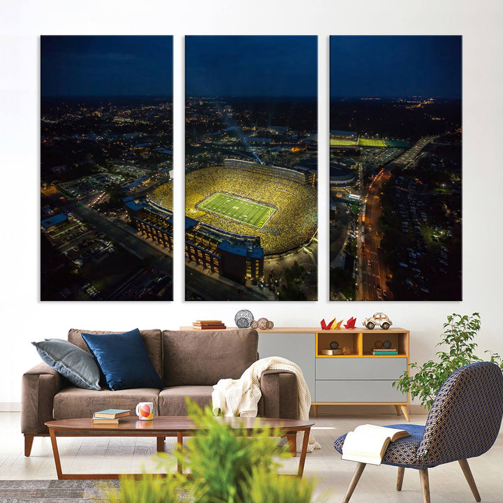 Aerial view of Michigan Stadium nightlife on canvas – Framed, ready-to-hang sports arena wall art.