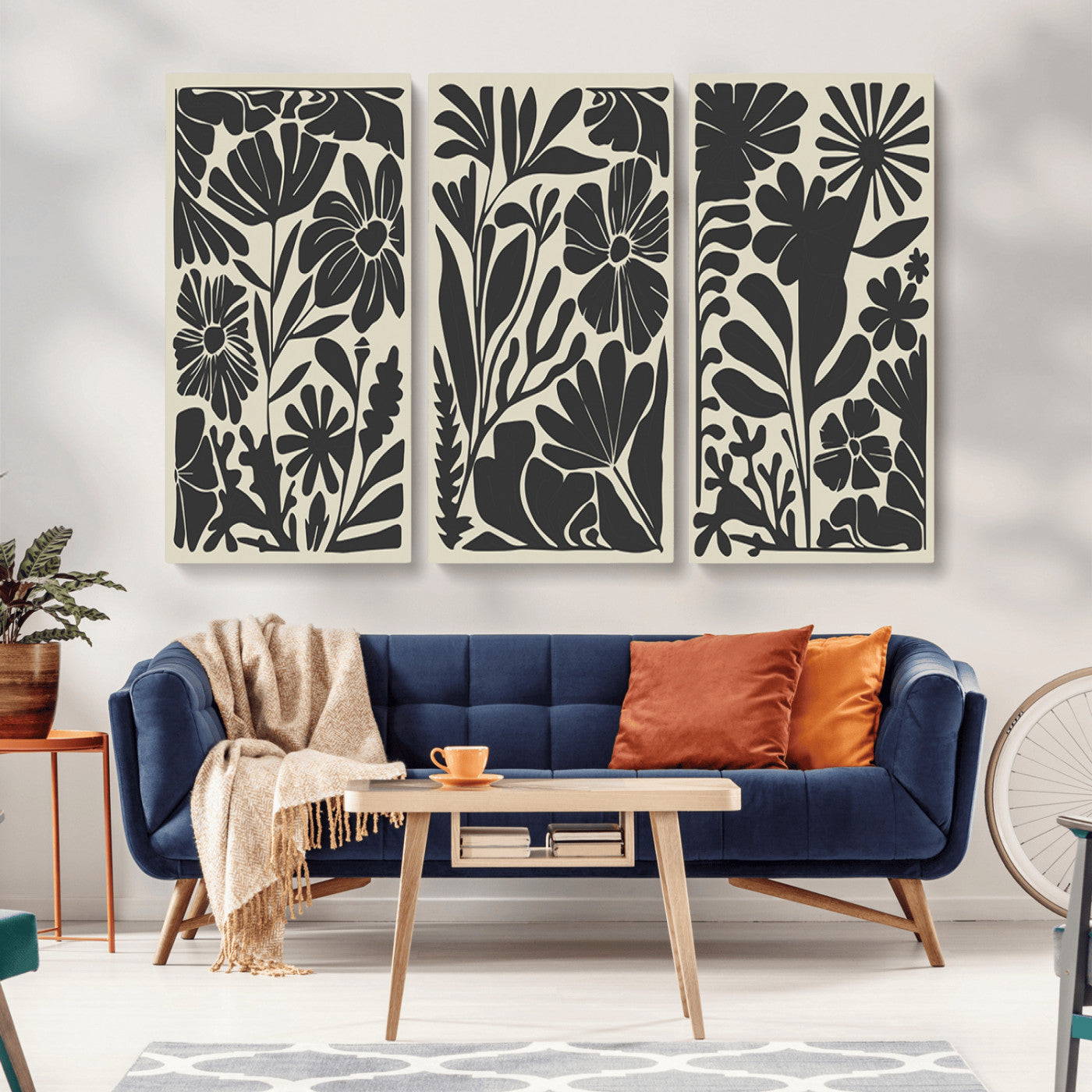 MGV-CV-48X32-3P - Modern Botanical Wall Art - Floral Black and White Canvas Print, Framed, Ready to Hang