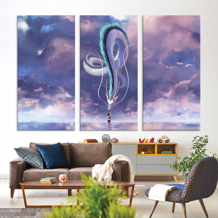 The Spirited Away Haku and Chihiro poster captures a cherished scene for anime lovers under a colorful, cloudy sky.