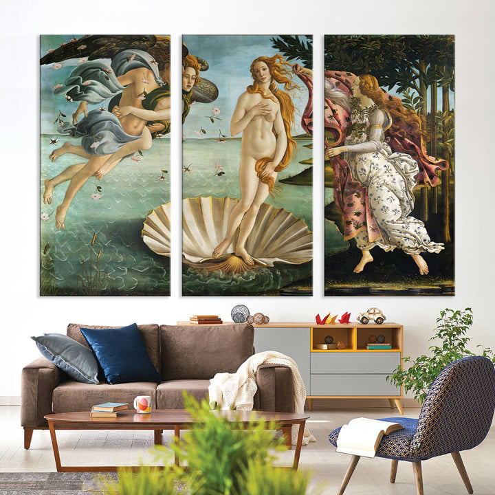 A canvas print of Botticellis The Birth of Venus is displayed on the wall.