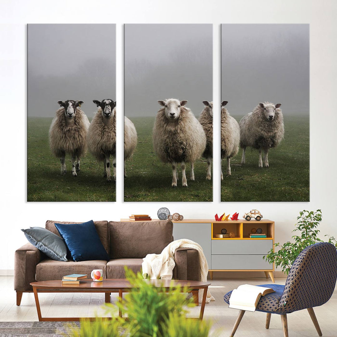 The Flock of Sheep in a Mystical Fog canvas print is framed and ready to hang.