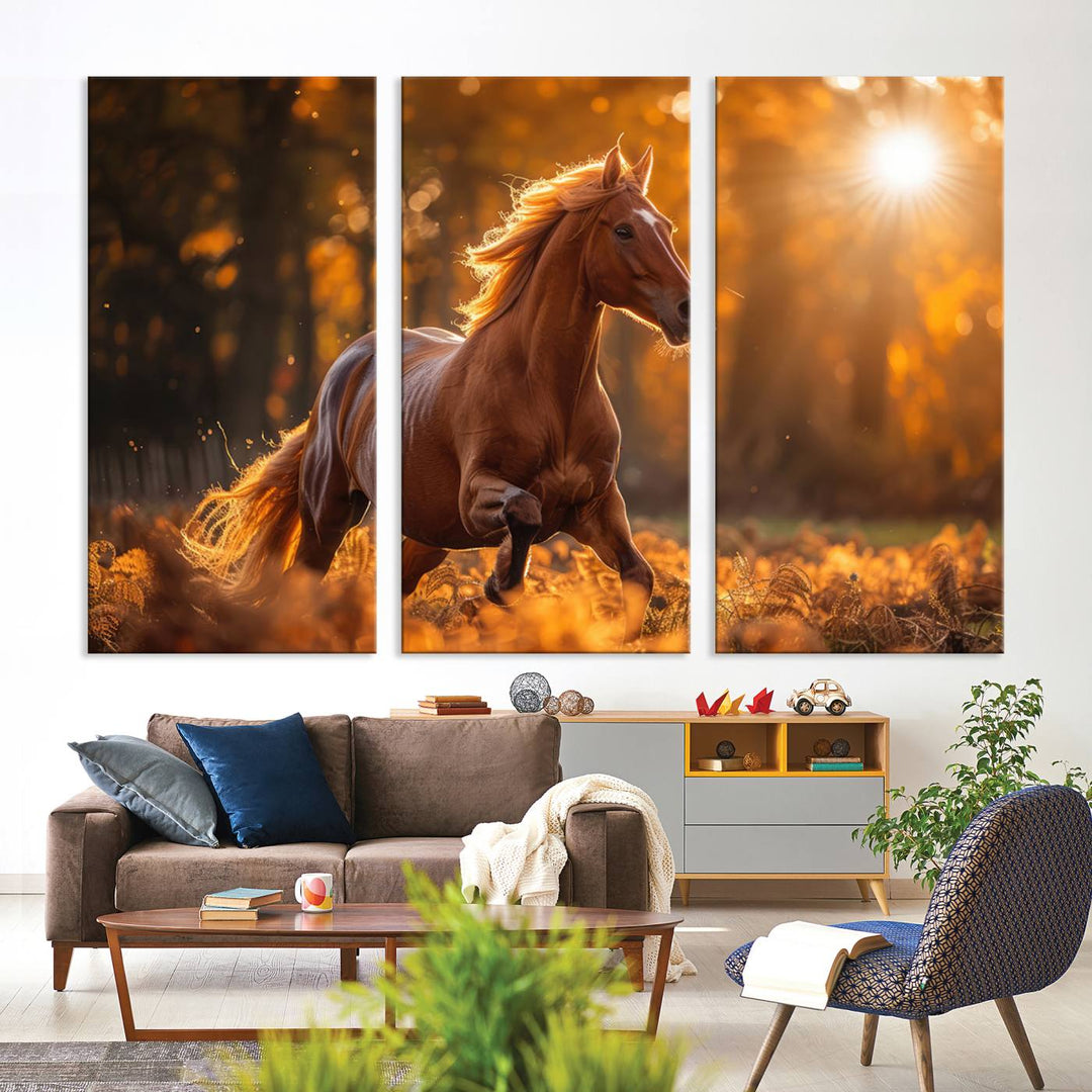 The Running Horse Sunset Forest Wall Art Canvas Print showcases a gallop in an autumn forest with sunlight streaming through the trees.