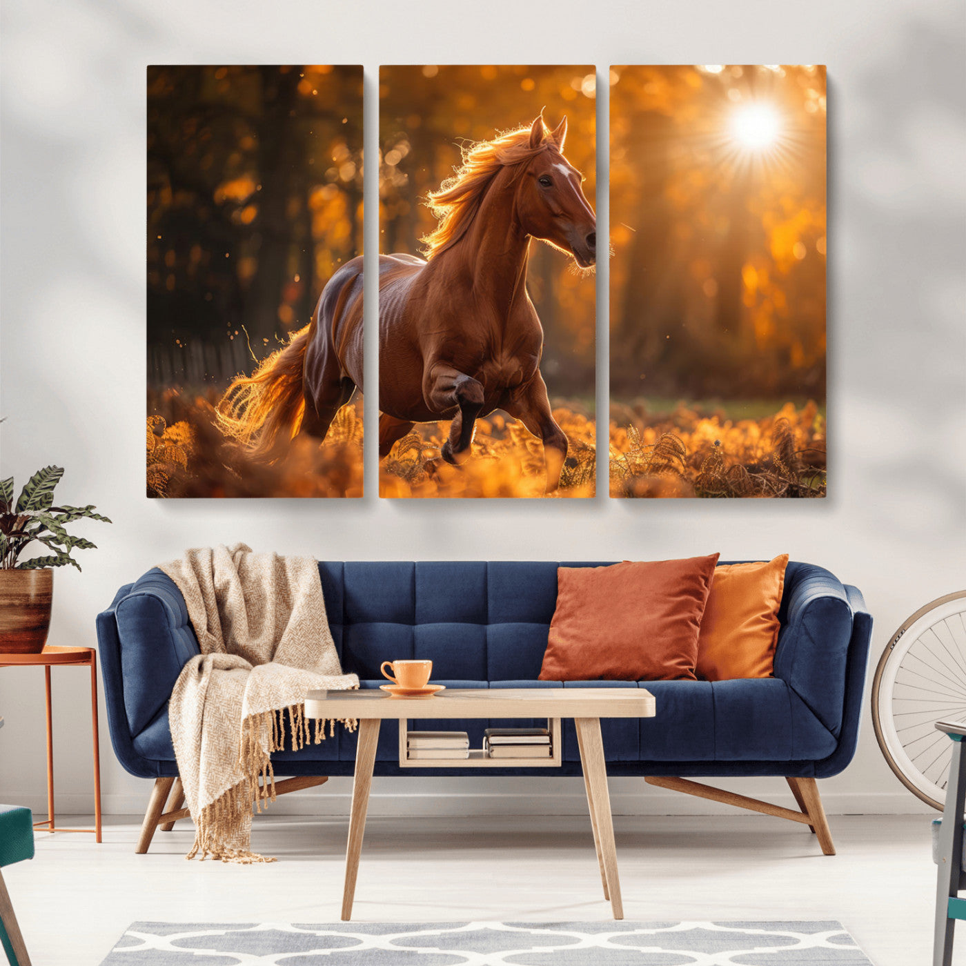 92144-MGV-CV-48X32-3P-Running Horse Sunset Forest Wall Art Canvas Print