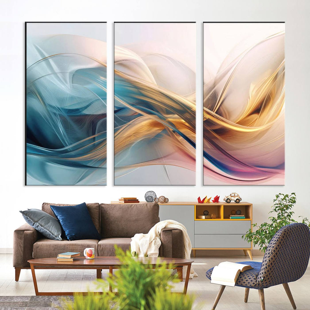 Abstract Flowing Colors Wall Art featuring blue, gold, and pink adds modern elegance to the space.