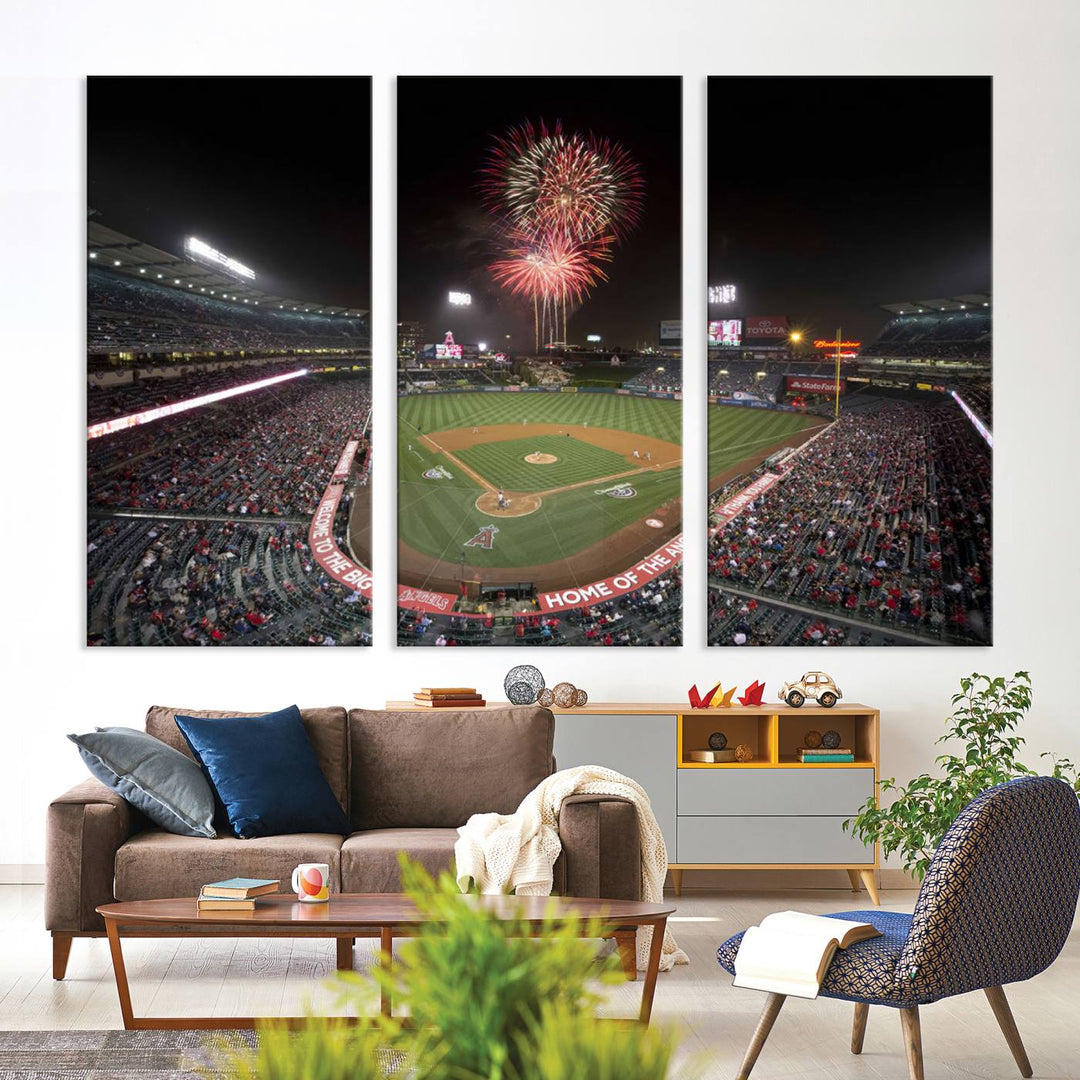 Fireworks at Angel Stadium – LA Angels Night Game Canvas Print, framed and ready to hang.