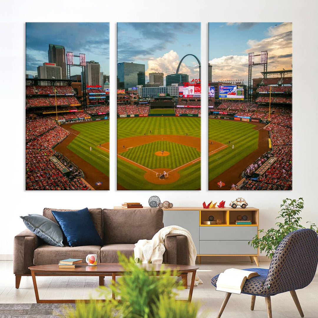 A Busch Stadium canvas print featuring a cityscape, ideal for enhancing living room or man cave sports decor.