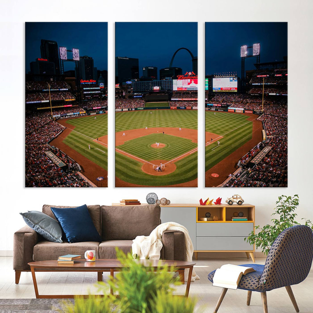 A St. Louis Cardinals Baseball Team print of Busch Stadium at night adorns the wall.