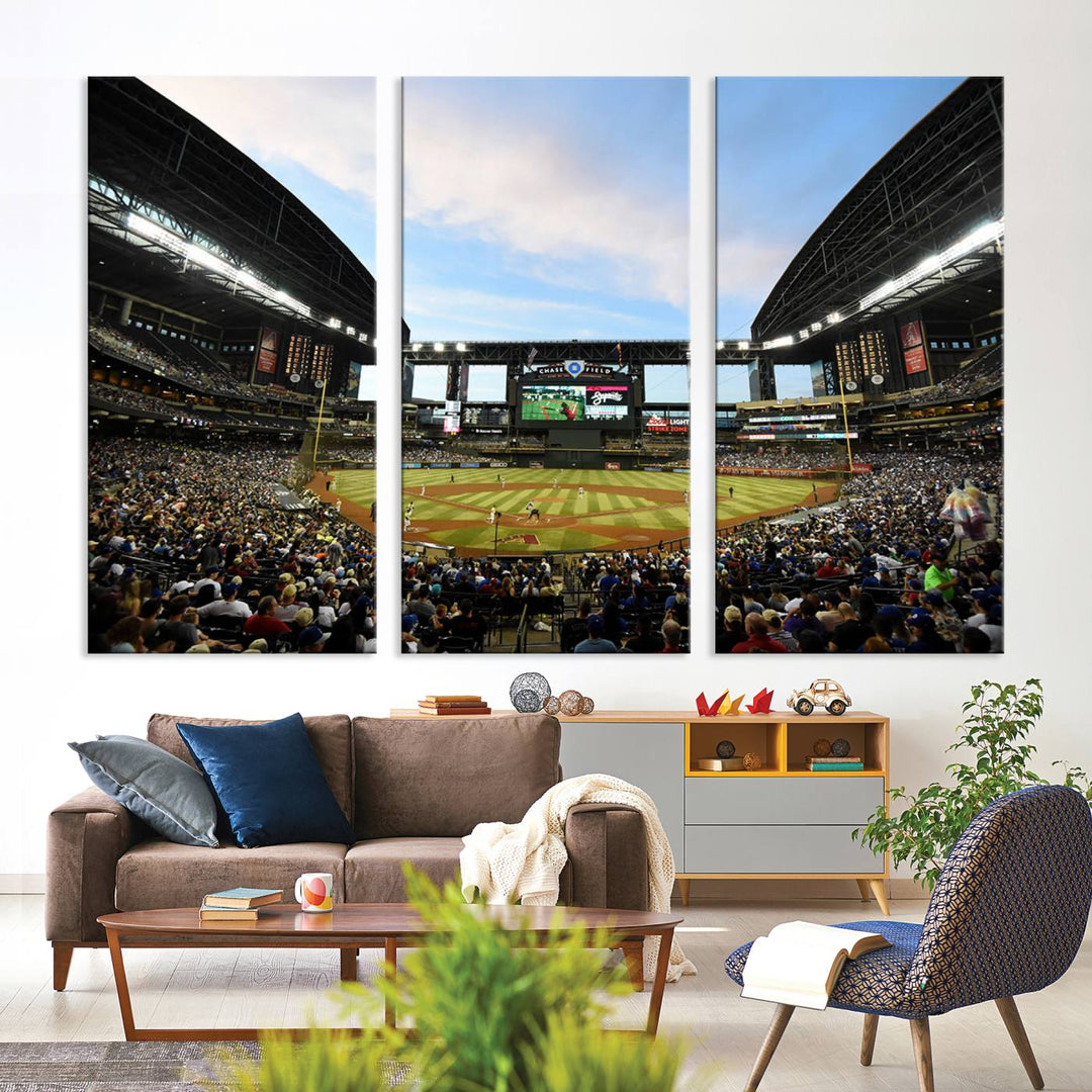 The wall art is an Arizona Diamondbacks Baseball Print depicting a packed Chase Field Stadium under a clear blue sky.