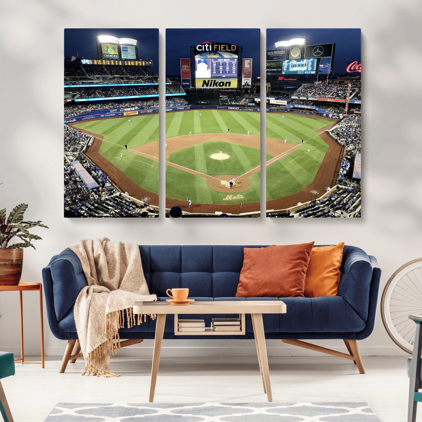 MGV-CV-48X32-3P - Citi Field Wall Art Print | 3-Panel New York Mets Baseball Stadium Canvas Print | Framed Sports Decor for Living Room, Man Cave, or Office Decor