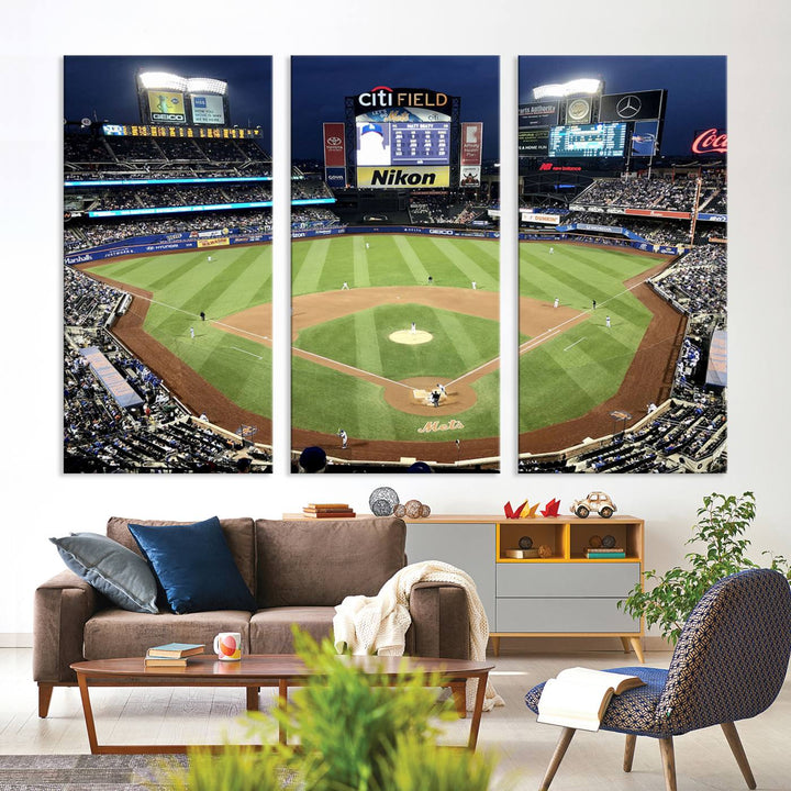 The wall is adorned with a 3-panel Citi Field Wall Art Print, framed for sports-themed decor.