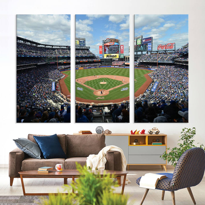 A wall art piece featuring a New York Mets Baseball Team print of Citi Field during a thrilling game under a blue sky.