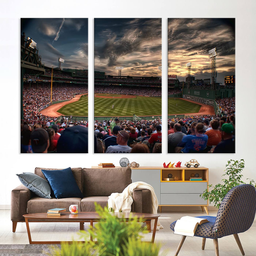 Boston Red Sox canvas print of Fenway Park at sunset, ideal for sports fans.