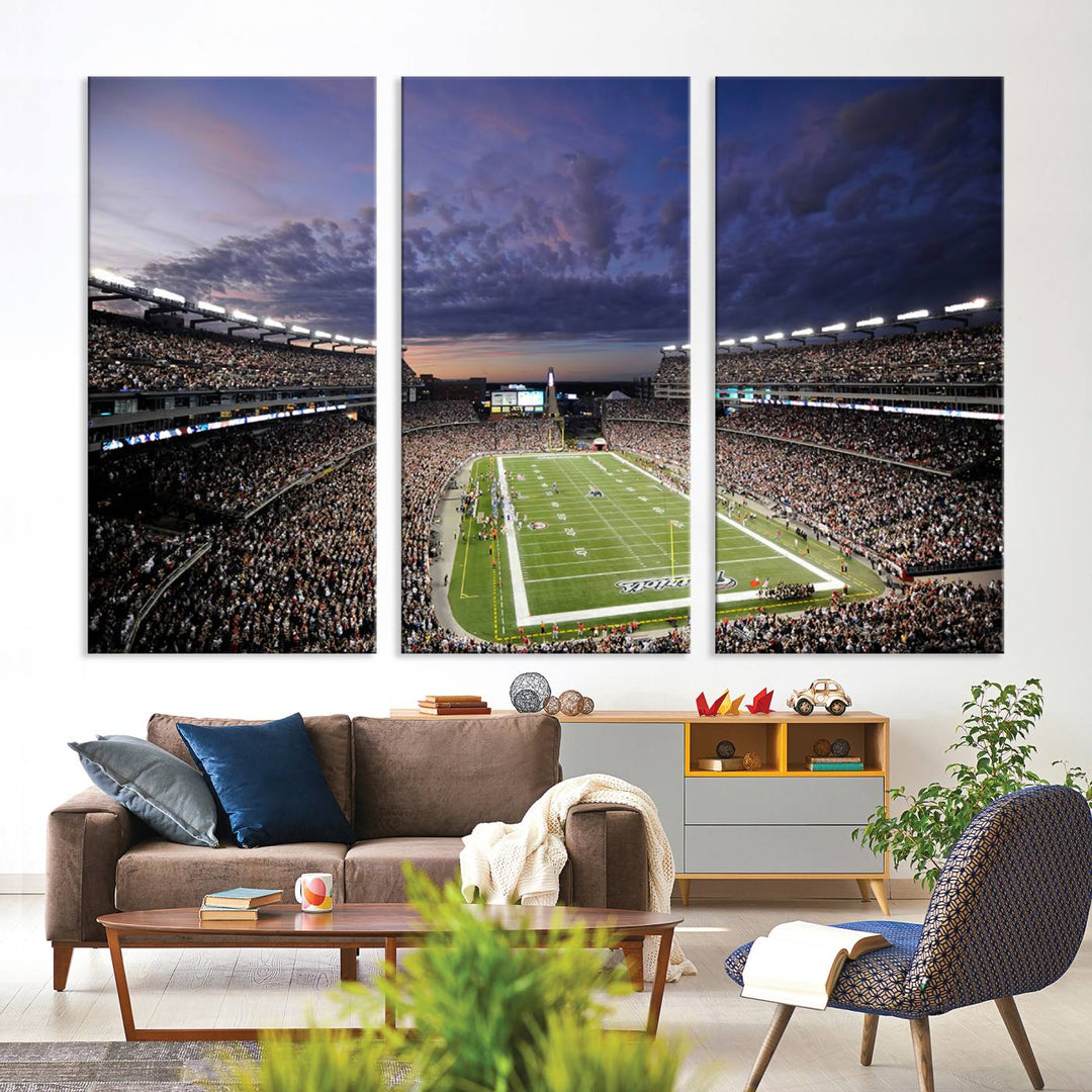 A large New England Patriots Foxborough Gillette Stadium wall art canvas print at sunset.