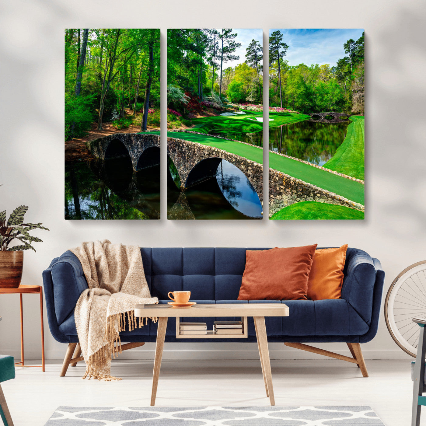 MGV-CV-48X32-3P - Augusta National Golf Club Wall Art - Panoramic Bridge & Lush Greenery – Premium Framed, Ready-to-Hang Triptych Canvas