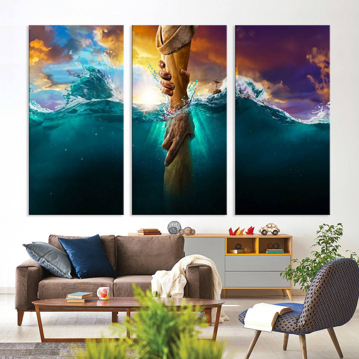 The God Hand Wall Art Canvas Print depicts hands reaching through water against a vibrant sky.