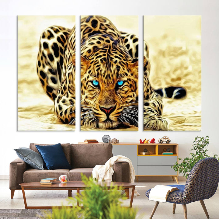 The Blue-Eyed Leopard Canvas Wall Art features a fierce and captivating design, perfect for wildlife enthusiasts. Its bold imagery makes it a striking decor piece, ready to hang.