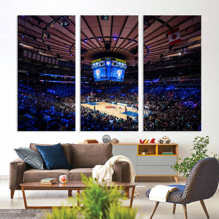 A print depicting an NBA game at Madison Square Garden, highlighting the scoreboard.