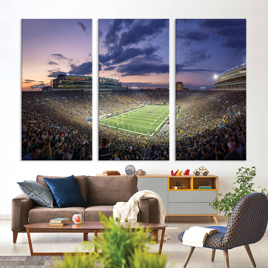 As the sun sets, a stunning backdrop highlights the Notre Dame Fighting Irish Football Team Print.