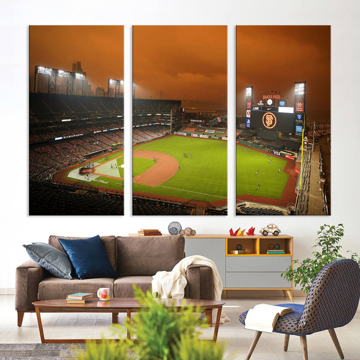 A canvas depicting an Oracle Park game with an orange sky, from SF Giants Stadium Wall Art.