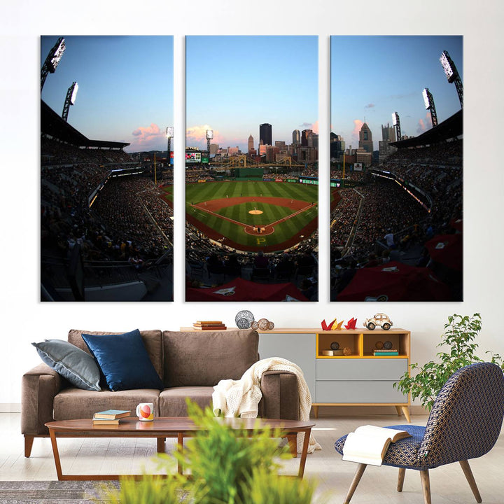 The PNC Park Evening Game Canvas, featuring a skyline backdrop, is displayed on the wall.