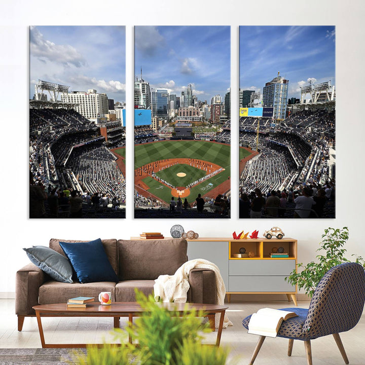 The San Diego Padres Baseball Canvas Print of Petco Park enhances the modern kitchen-dining area.