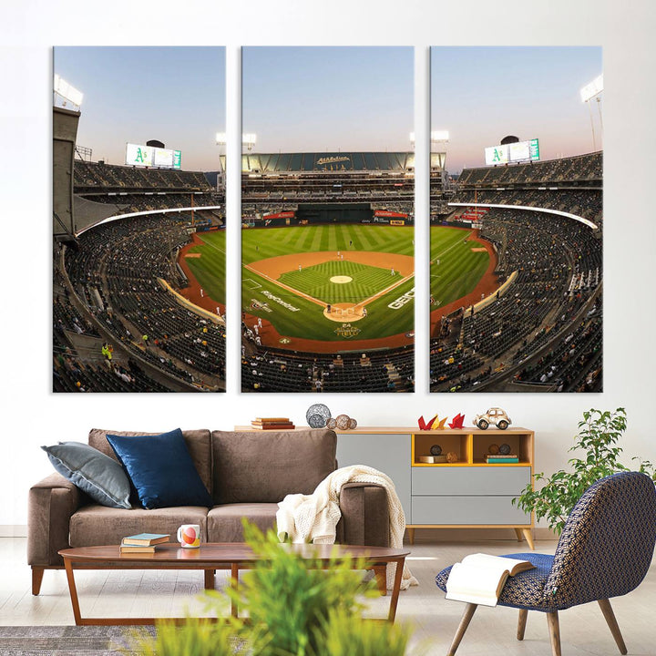 Oakland Athletics wall art canvas featuring the interior of RingCentral Coliseum Stadium.