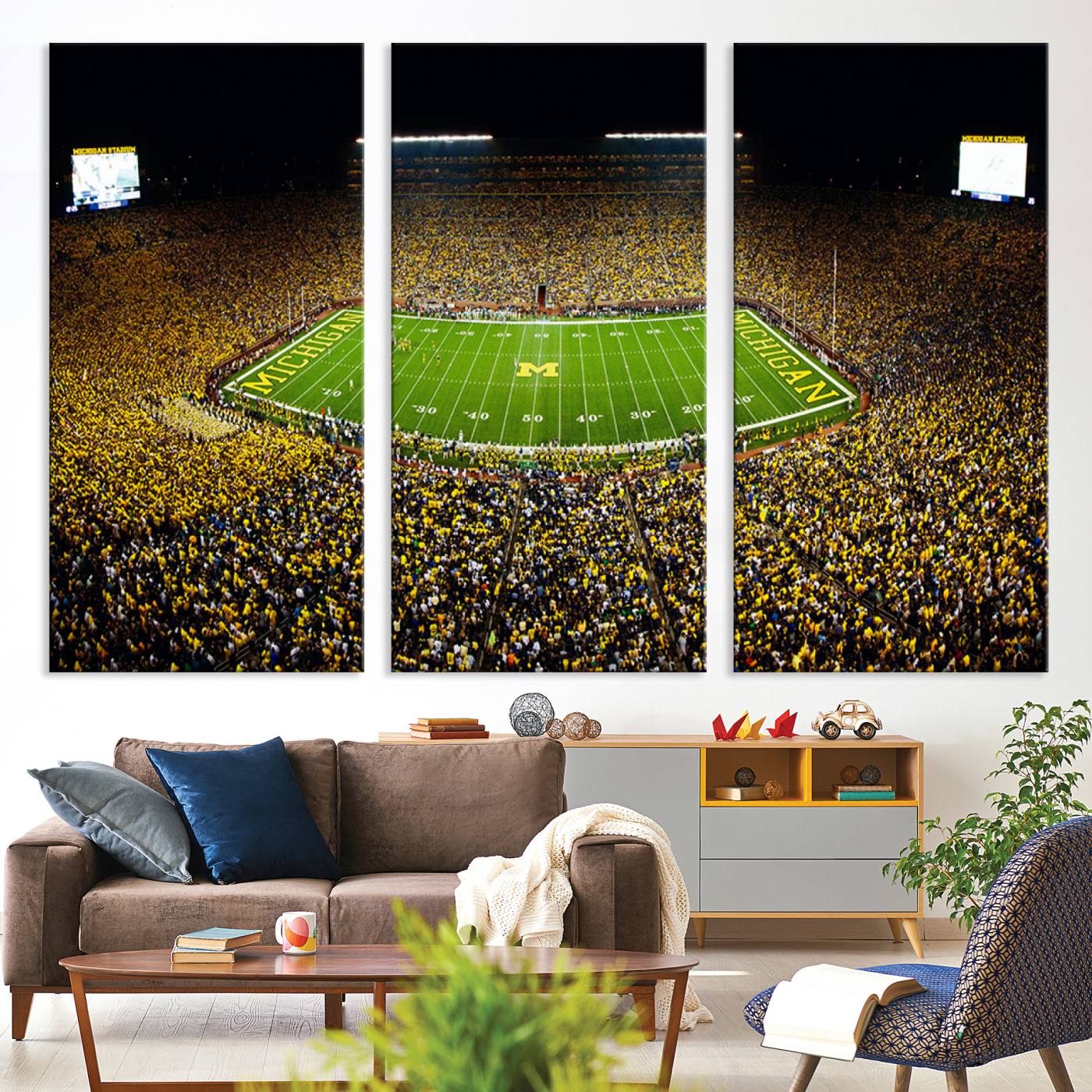 26166-MGV-CV-36X24-Stadium in Michigan Wall Art Canvas Print, Framed American Football Stadium Art Picture Print, Football Stadium Field Perfect Sports Room Decor Artwork