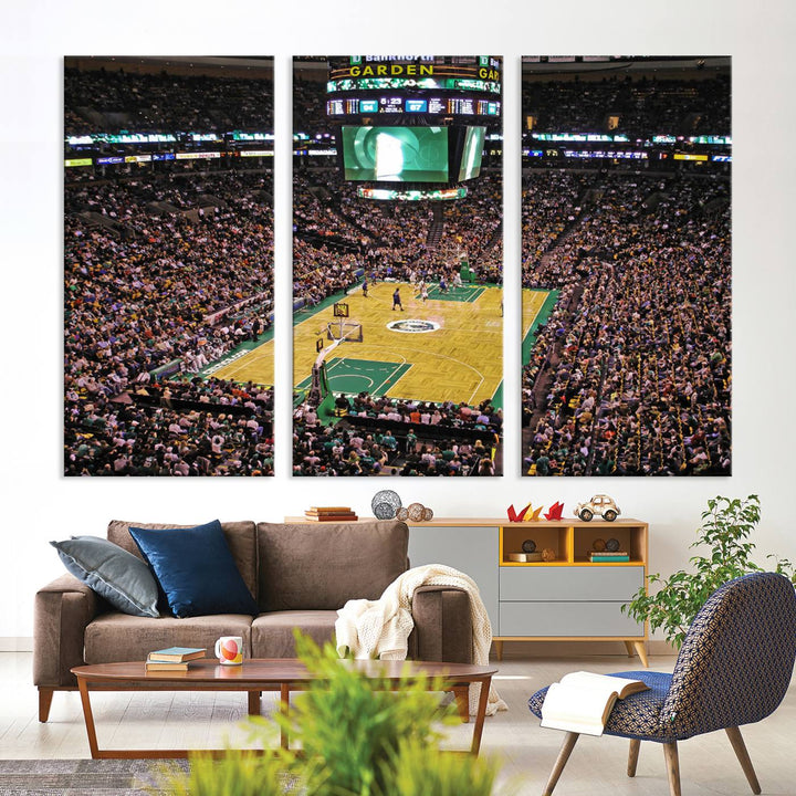 A vibrant depiction of a TD Garden basketball game is beautifully captured in the Boston Celtics Triple Canvas Wall Art, which comes framed and ready to hang.