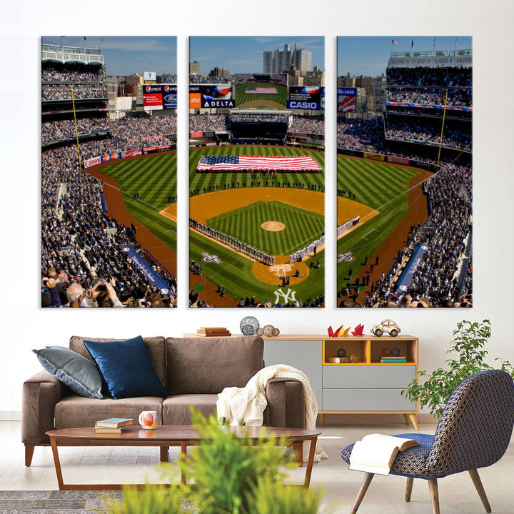 The Yankee Stadium New York wall art print features a vibrant scene of baseball fans with a large flag and players, expertly capturing the spirit of the game. This ready-to-hang décor is perfect for adding a dynamic touch to any space.