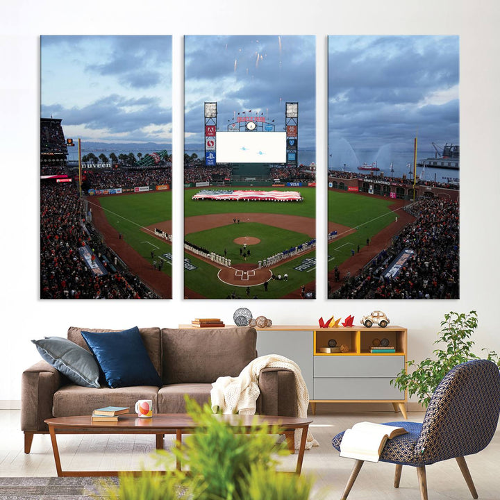 This framed 3-panel canvas MLB wall art features a giant flag and fans under a cloudy sky at Oracle Park.