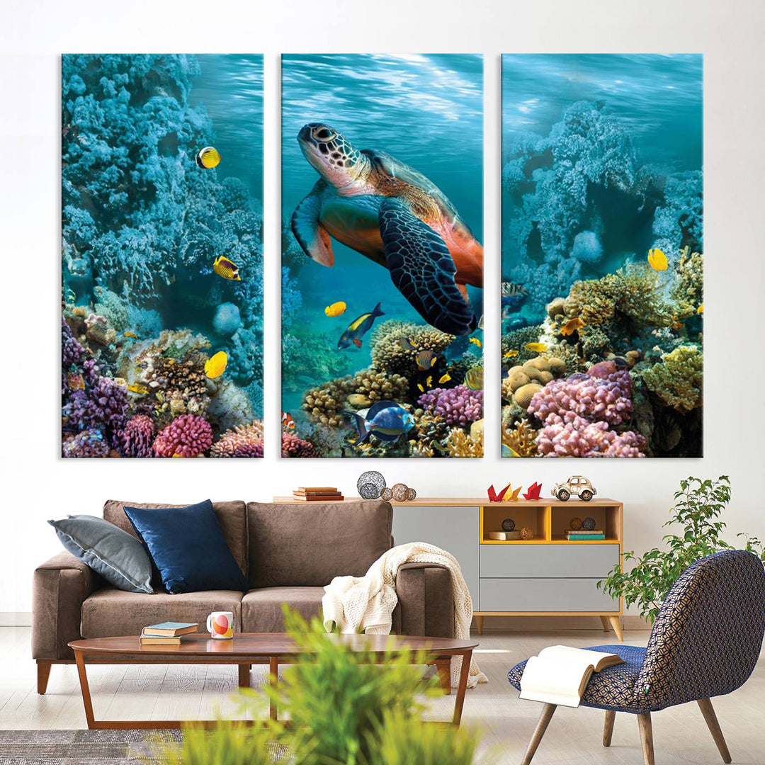 The room features the Sea Turtle and Coral Reef Triptych Wall Art, a vibrant ocean canvas set.