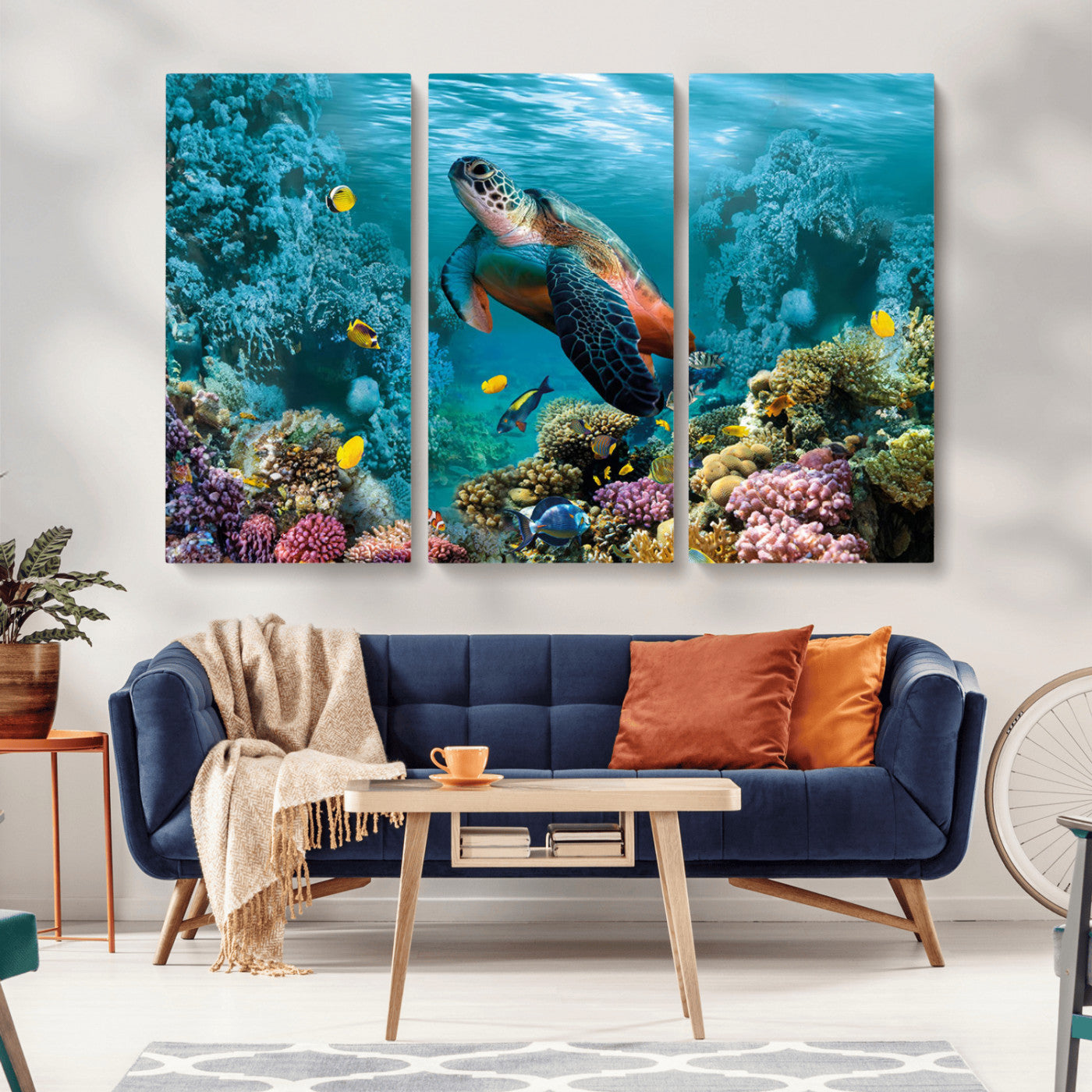 MGV-CV-48X32-3P - Sea Turtle and Coral Reef Triptych Wall Art – Vibrant Underwater Scene Canvas Set for Ocean Lovers and Coastal Decor – Ready to Hang 3-Panel Artwork