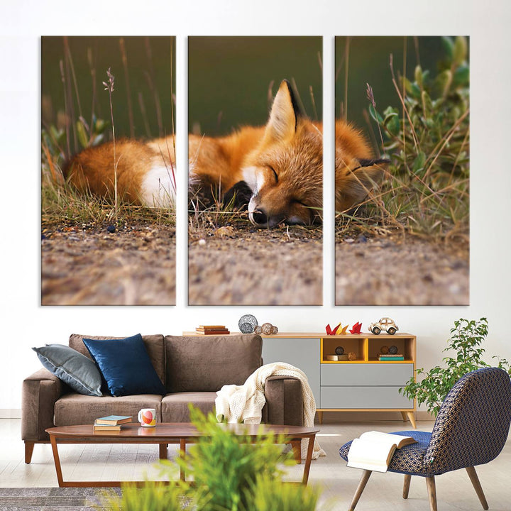 The Sleeping Fox Wall Art Canvas Print is ideal for farmhouse decor.