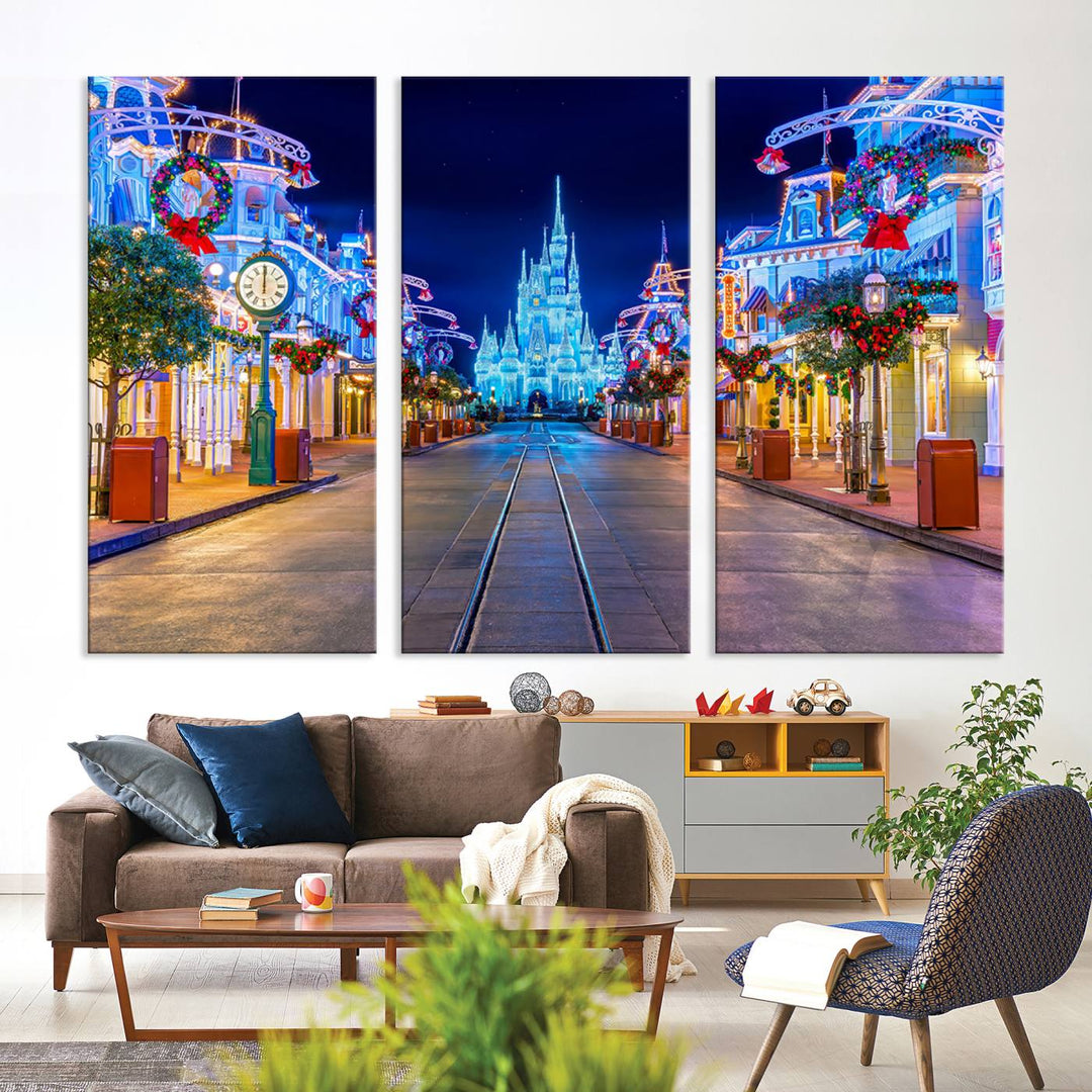 Disney wall art featuring a fantasy castle street at night.