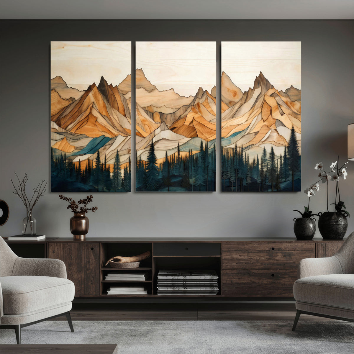 31576-PAN-FL-20X10 - Rustic Wood Mountain Wall Art Print | Triptych Giclee Print Featuring Handcrafted Forest and