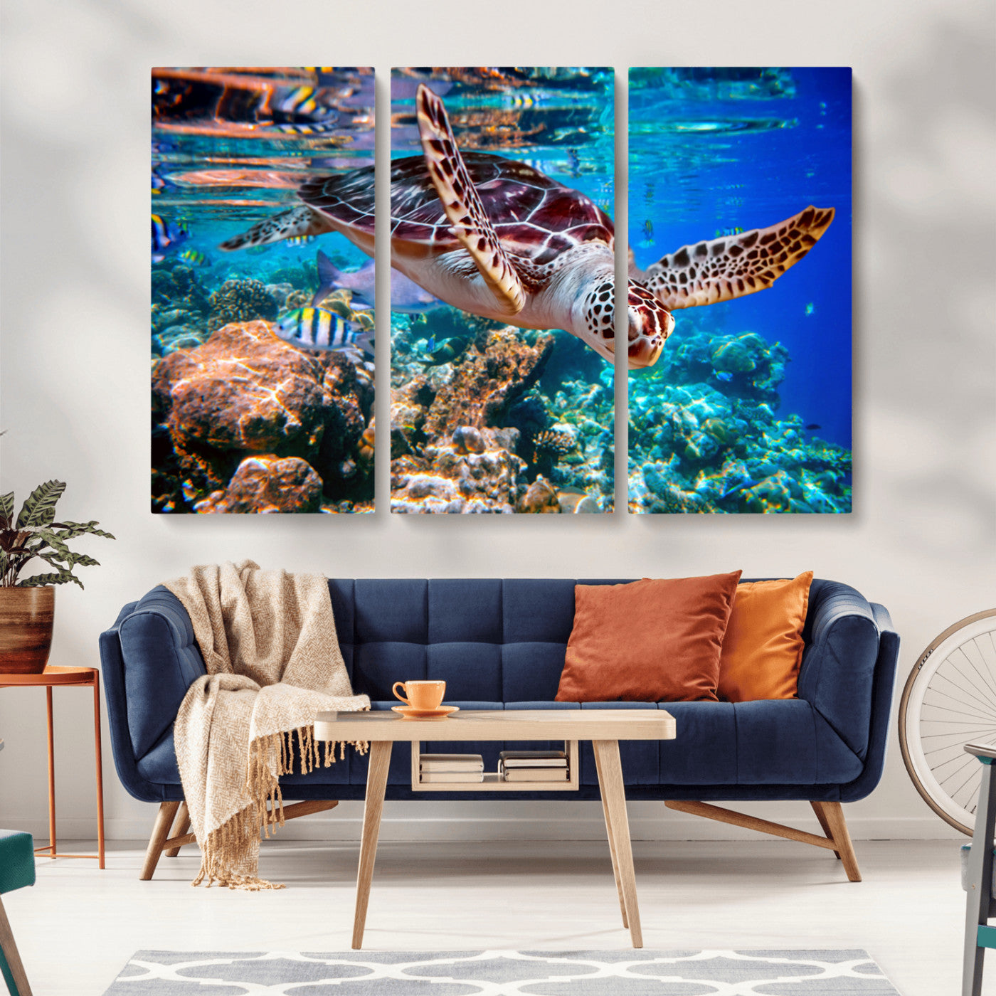 MGV-CV-48X32-3P - Underwater Coral Reef Sea Turtle Wall Art Canvas Print, Vibrant Marine Life | Colorful Ocean Scene