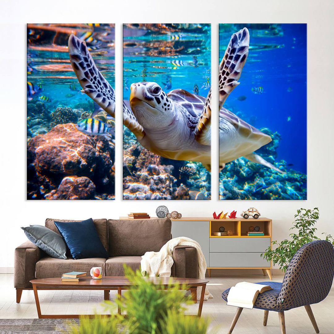 The Underwater Sea Turtle Wall Art Canvas Print serves as vibrant ocean décor, enhancing the kitchen with its stunning depiction.