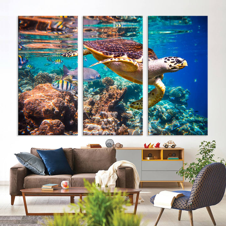 A Sea Turtle Wall Art Canvas Print features a colorful turtle swimming among coral. This artwork is ready to hang.