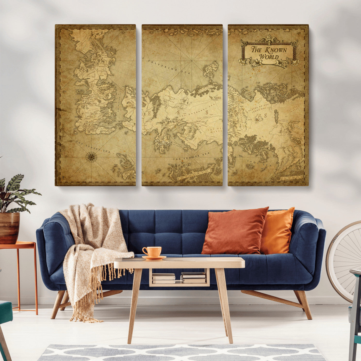 MGV-CV-48X32-3P - Vintage Game of Thrones Map Wall Art | Westeros and Essos Antique Style Print | The Known World in Triptych Canvas | Giclee Canvas for Fantasy Lovers