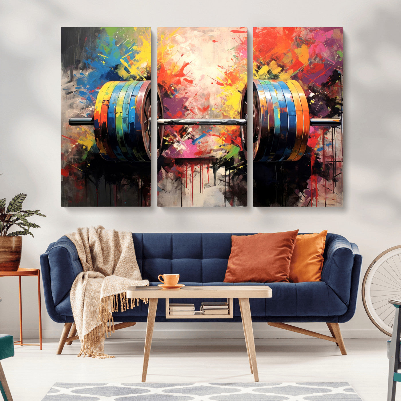 MGV-CV-48X32-3P - Weightlifting Barbell Art Triptych, Bold Abstract Fitness Wall Decor for Gym or Home, Giclee Canvas Print