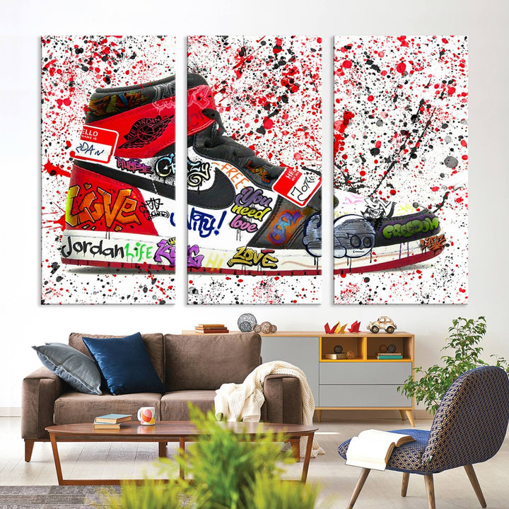 A Jordan Shoes Graffiti Canvas Print hangs prominently, perfect for sneakerheads and urban art lovers.