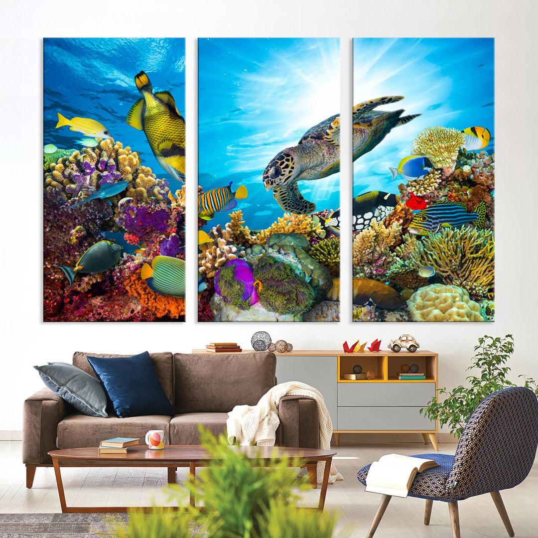 The Colorful Coral Reef and Sea Life Turtle Canvas Print brings vibrant ocean decor to your wall.