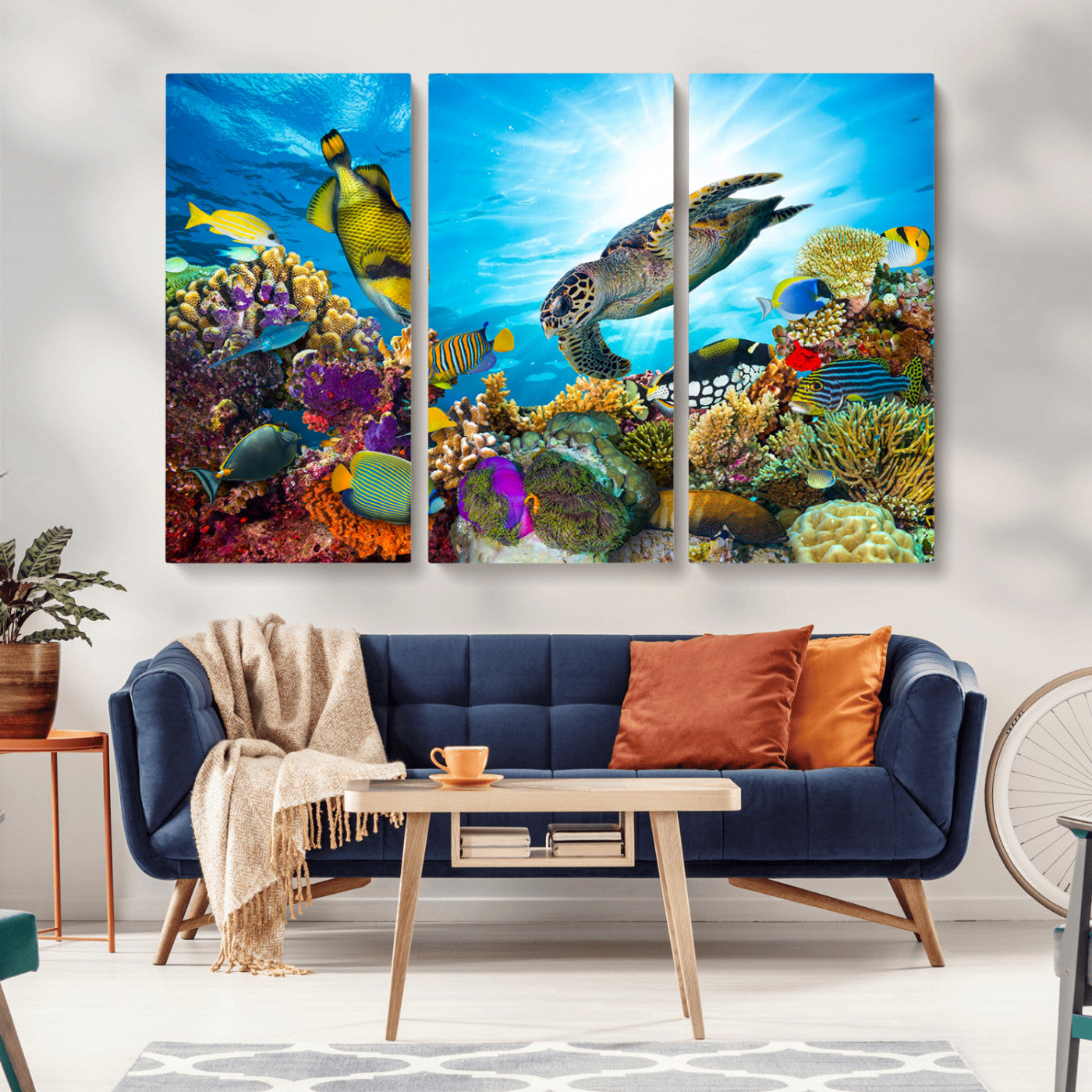 -Colorful Coral Reef and Sea Life Turtle Canvas Print, Underwater Tropical Ocean Wall Art for Home