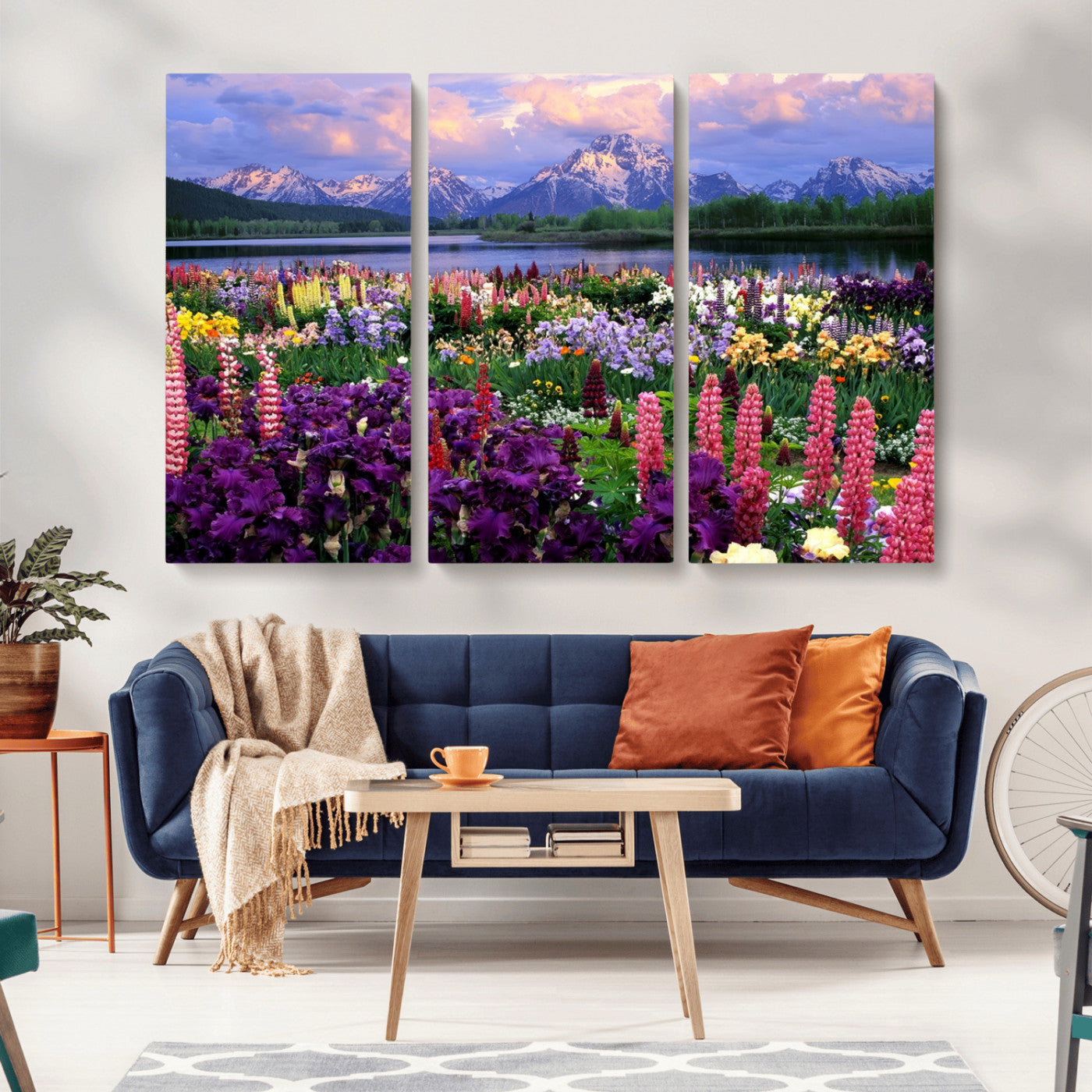 MGV-CV-48X32-3P - Vibrant Wildflower Garden and Mountain View Giclee Canvas Print | Floral Wall Art for Living Room